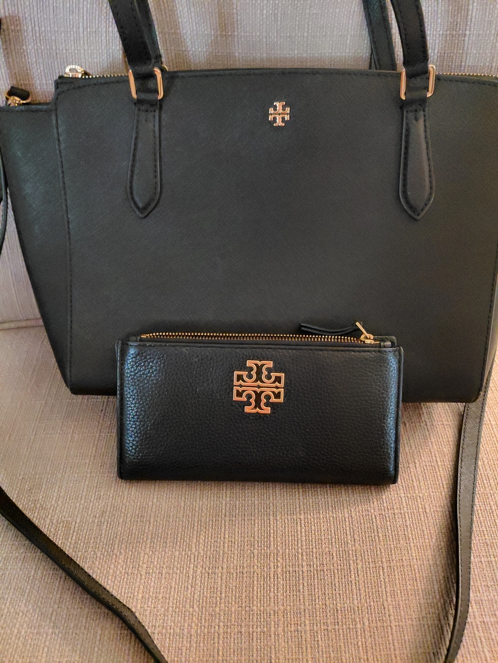 Tory Burch Black Leather Tote and Wallet Set